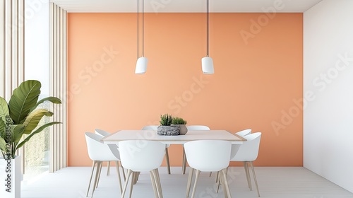 A modern dining area with one Peach Fuzz-painted feature wall for contrast.