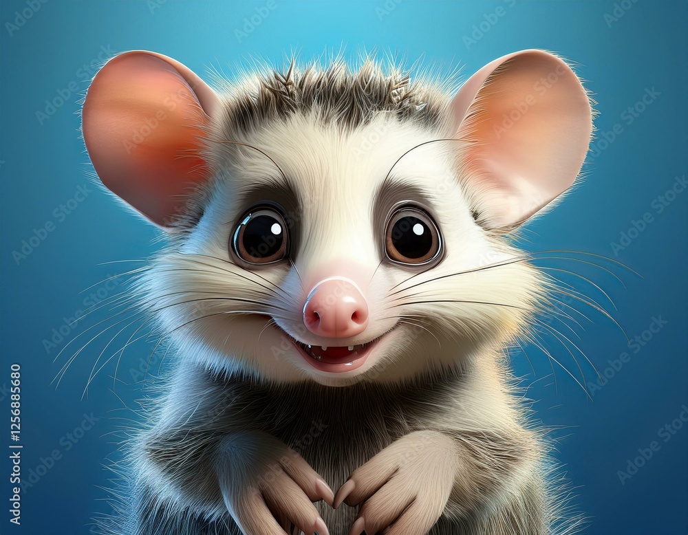 Niedliches Opossum, blauer Hintergrund Niedliches Opossum, blauer Hintergrund
