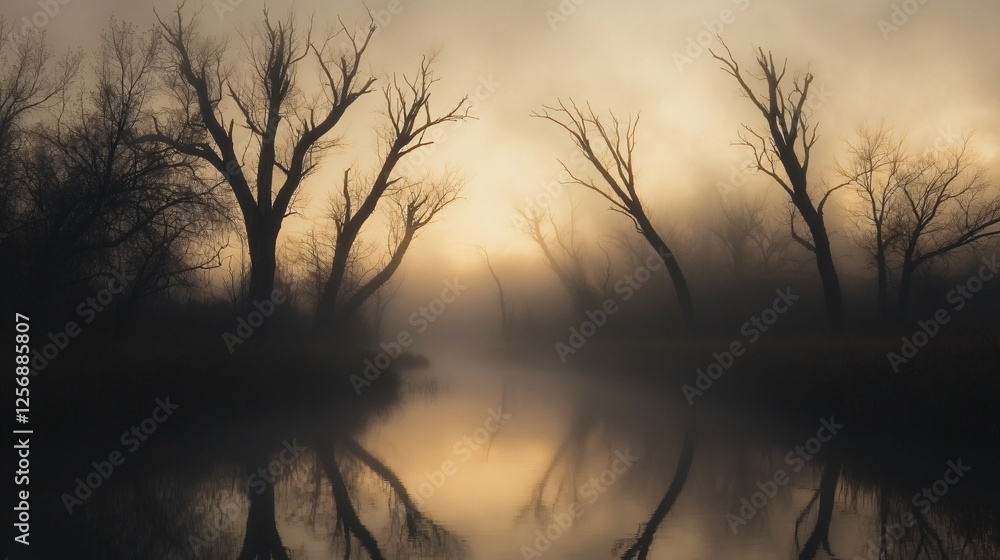 Fototapeta premium Serene Sunrise Over Misty River and Silhouetted Trees
