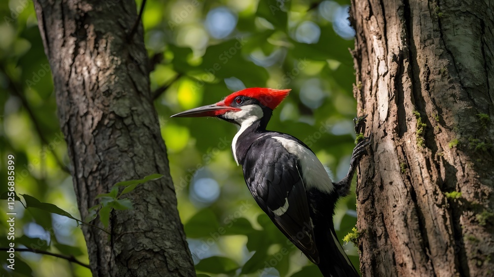 Fototapeta premium Sunlit Serenity: The Ivory-billed Woodpecker in Its Forest Habitat