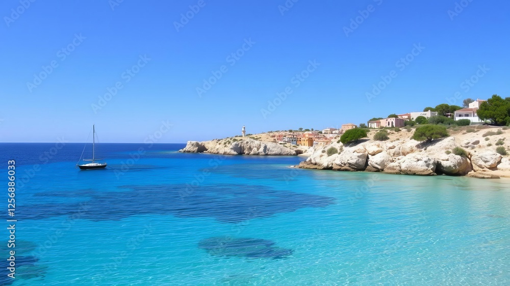 A breathtaking view overlooking the crystal clear waters of Cala en Porter bay on the beautiful island of Menorca, Spain, summer, Mediterranean, Menorca A breathtaking view overlooking the crystal clear waters of Cala en Porter bay on the beautiful island of Menorca, Spain, summer, Mediterranean, Menorca