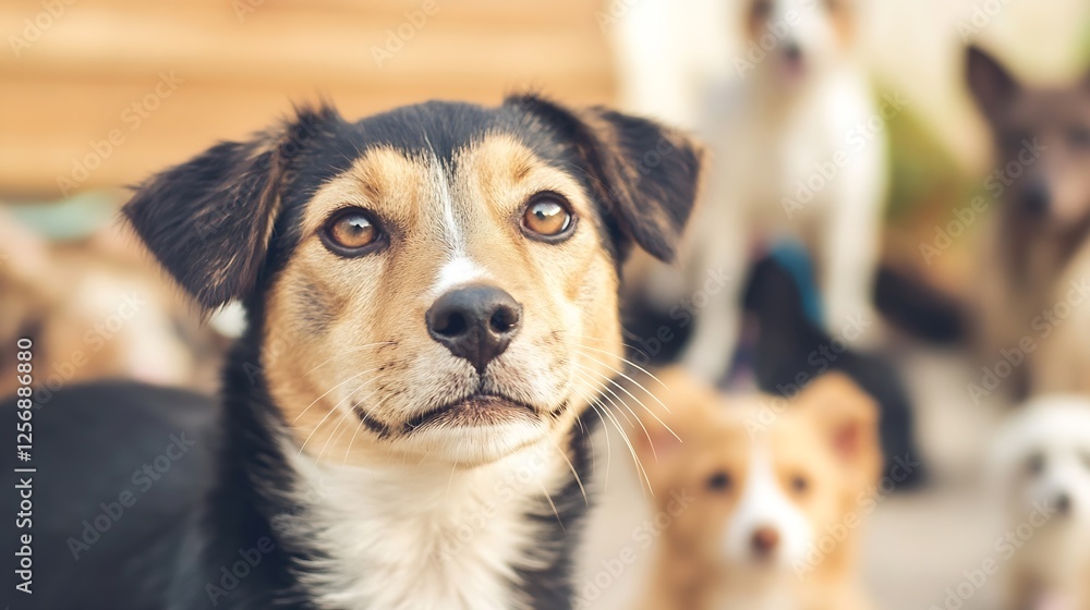 Closeup Portrait of a Dog Surrounded by Other Dogs in a Playful Setting : Generative AI Closeup Portrait of a Dog Surrounded by Other Dogs in a Playful Setting : Generative AI
