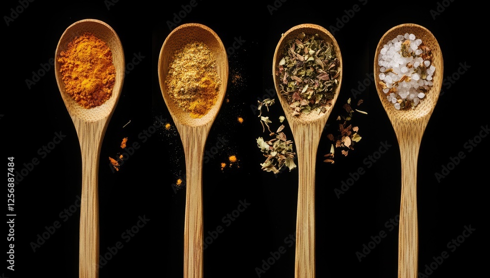 Aromatic Culinary Delights A Close-up of Four Wooden Spoons Filled with Diverse Spices and Herbs Against a Dark Background Aromatic Culinary Delights A Close-up of Four Wooden Spoons Filled with Diverse Spices and Herbs Against a Dark Background