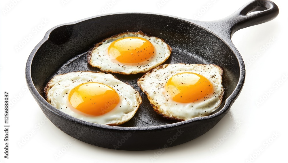 Three perfectly cooked fried eggs in a classic cast iron skillet, showcasing the golden brown crust and vibrant yolks. Three perfectly cooked fried eggs in a classic cast iron skillet, showcasing the golden brown crust and vibrant yolks.