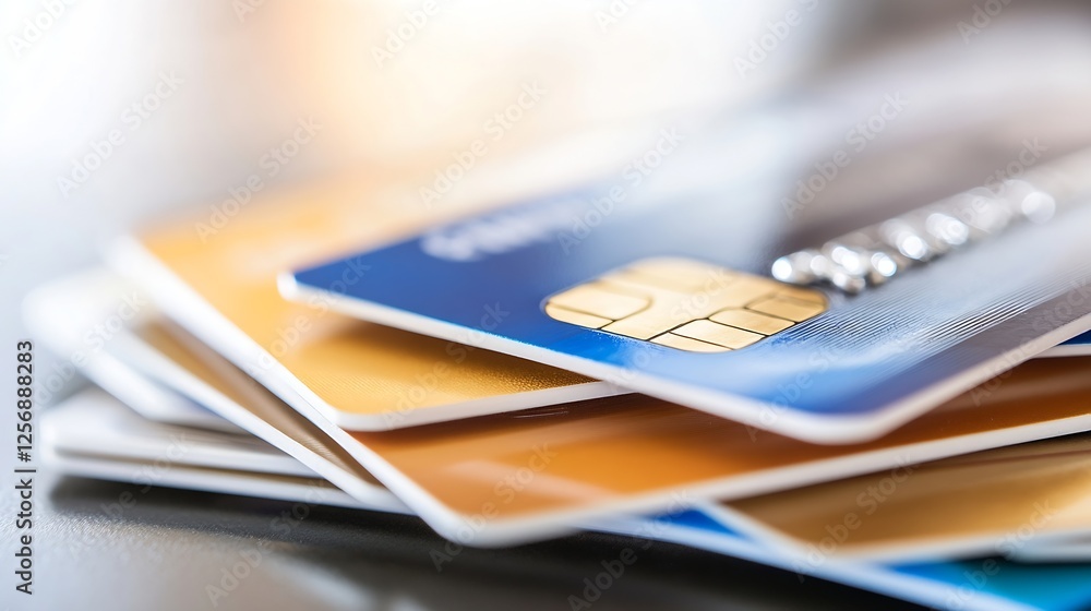 Collection of various credit and debit cards stacked in a close up arrangement emphasizing financial accessibility : Generative AI Collection of various credit and debit cards stacked in a close up arrangement emphasizing financial accessibility : Generative AI