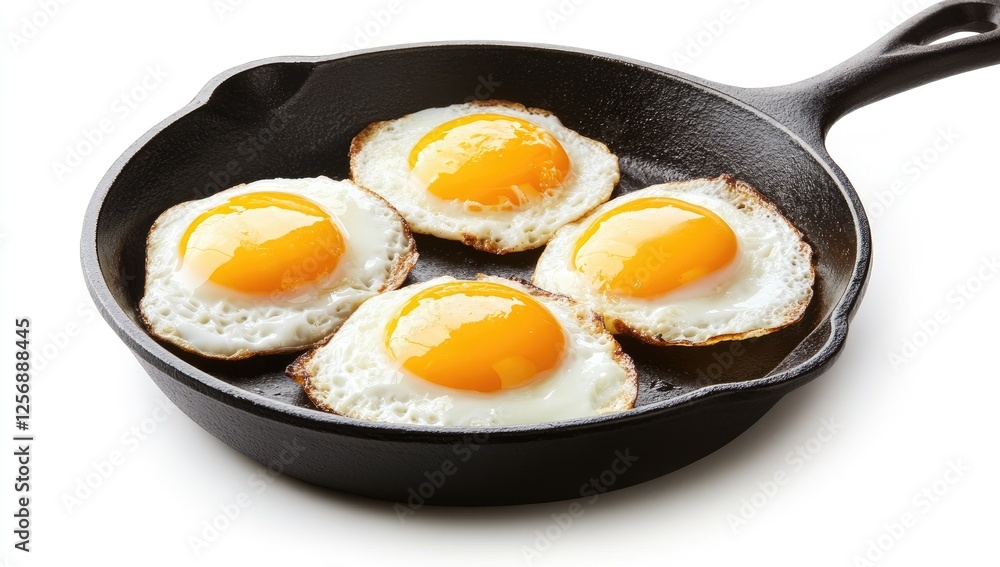 Four Perfectly Fried Eggs in a Cast Iron Skillet, Ready to Start Your Delicious Morning Meal Four Perfectly Fried Eggs in a Cast Iron Skillet, Ready to Start Your Delicious Morning Meal