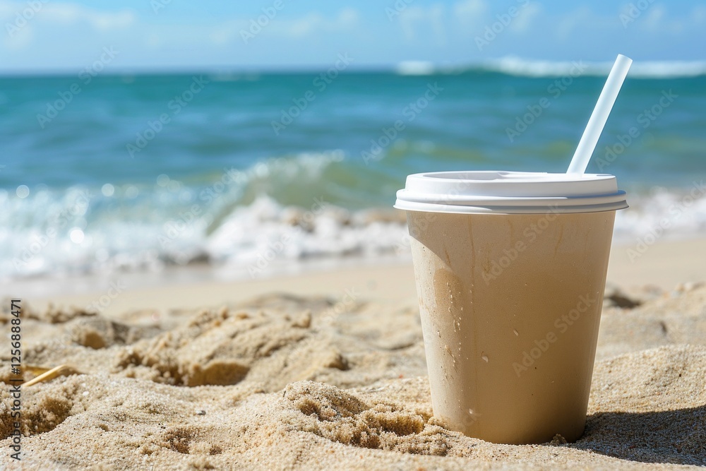 Iced Coffee Cup with Straw on Sandy Beach Under Clear Blue Sky Iced Coffee Cup with Straw on Sandy Beach Under Clear Blue Sky