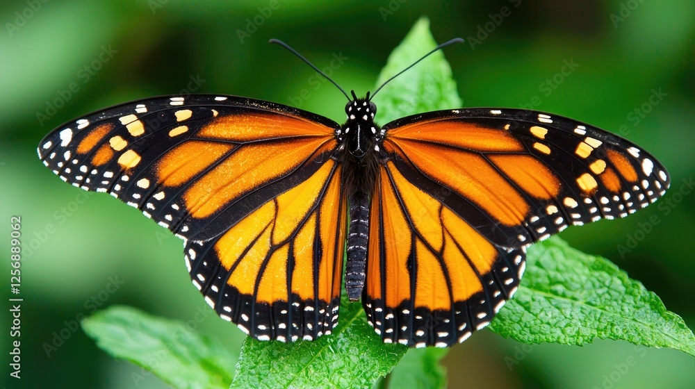 Fototapeta premium Vibrant Monarch Butterfly Resting on Green Leaves in a Lush Garden Environment