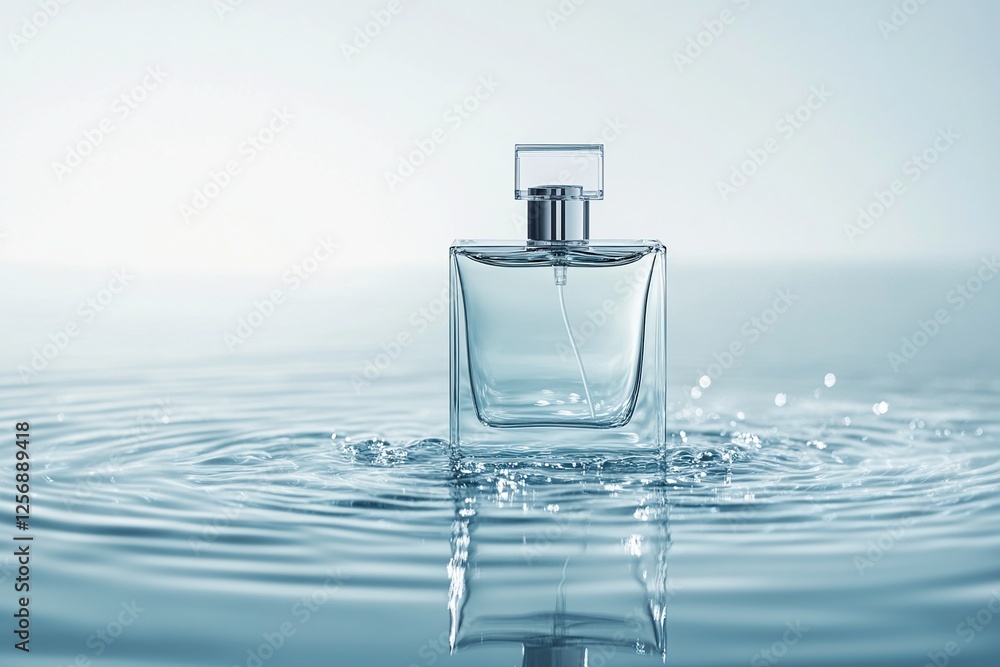 Fragrance Bottle floats on Water, Creating a Refreshing and Serene Scene, Evoking Calmness and Purity. Fragrance Bottle floats on Water, Creating a Refreshing and Serene Scene, Evoking Calmness and Purity.