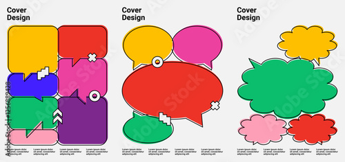 Colorful speech bubble design with abstract geometric shapes, vibrant backgrounds, and modern comic-inspired elements.