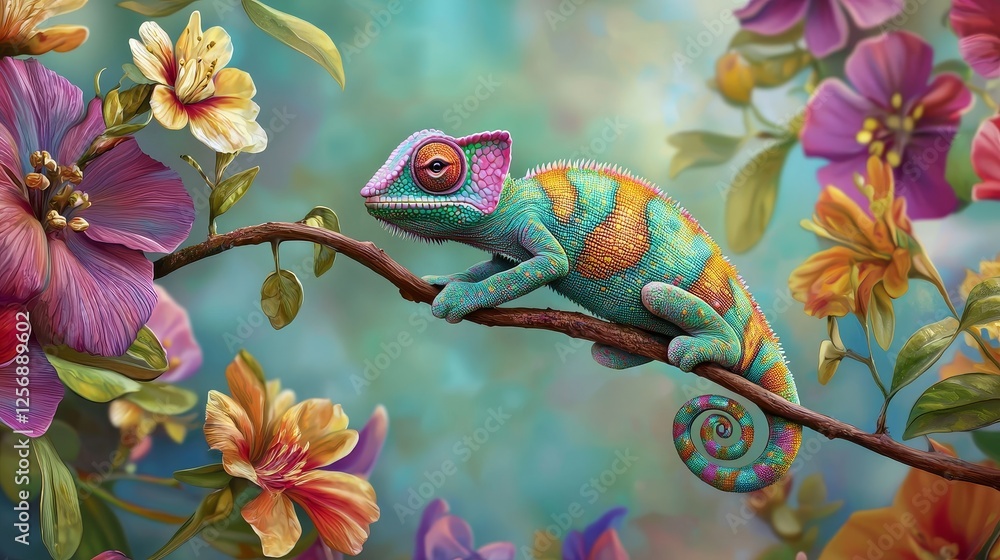 Obraz premium Colorful Chameleon on Branch Surrounded by Vibrant Flowers