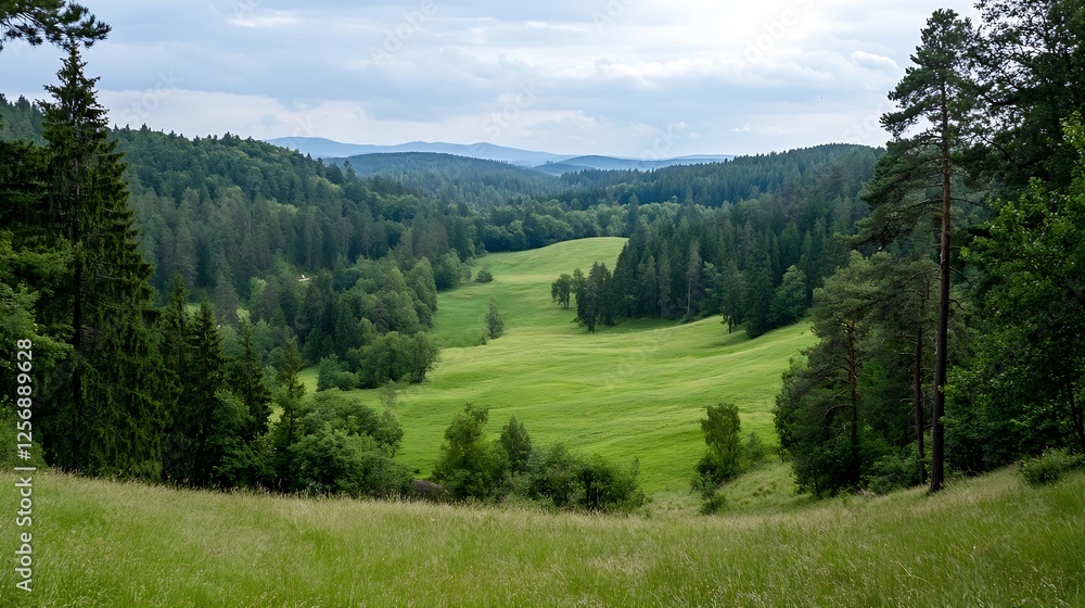 Lush Green Valley Surrounded by Trees and Rolling Hills Under a Cloudy Sky : Generative AI Lush Green Valley Surrounded by Trees and Rolling Hills Under a Cloudy Sky : Generative AI