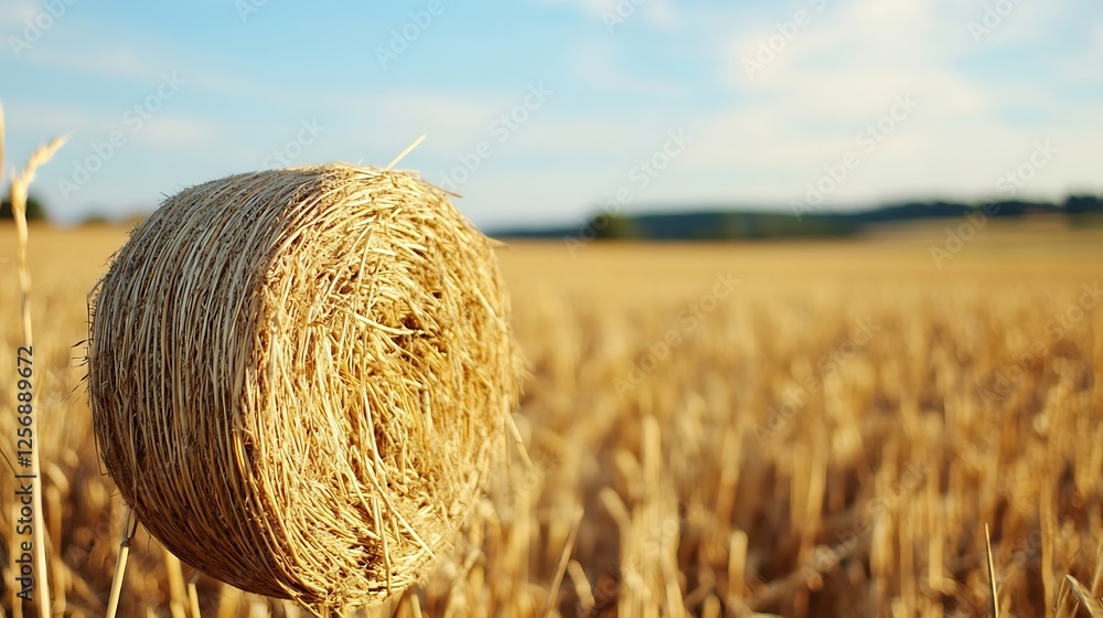 Golden hay bale standing in a vast field under a clear blue sky : Generative AI Golden hay bale standing in a vast field under a clear blue sky : Generative AI