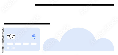 Contactless payment card with NFC symbol alongside a soft blue cloud. Ideal for digital wallets, fintech, cloud computing, online transactions, e-commerce, security, abstract line flat metaphor