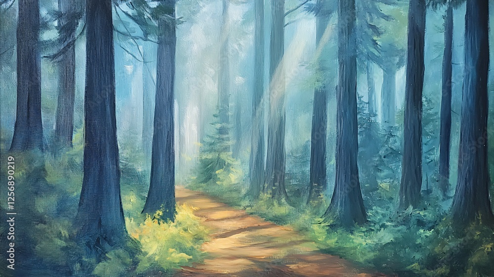 Obraz premium Serene Forest Path Sunlight Through the Trees