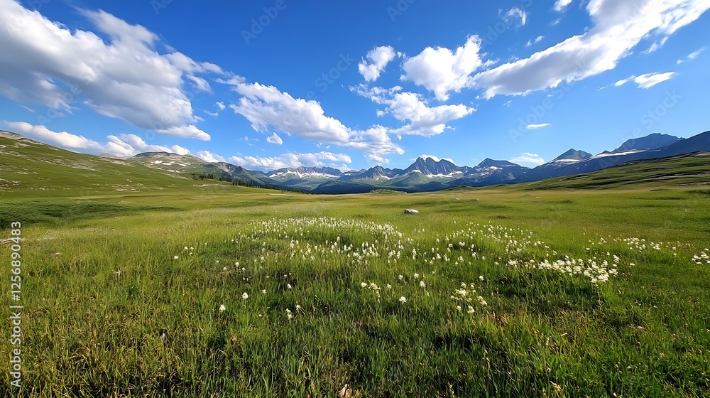 Fototapeta premium Stunning alpine landscape with wildflowers in the foreground and majestic mountains in the distance : Generative AI
