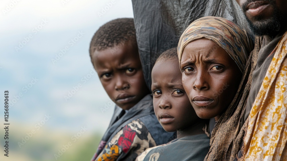 Faces of displacement: portrait refugees driven by conflict, poverty, environmental catastrophes, reflecting human cost major international issues, importance of empathy in finding lasting solutions.