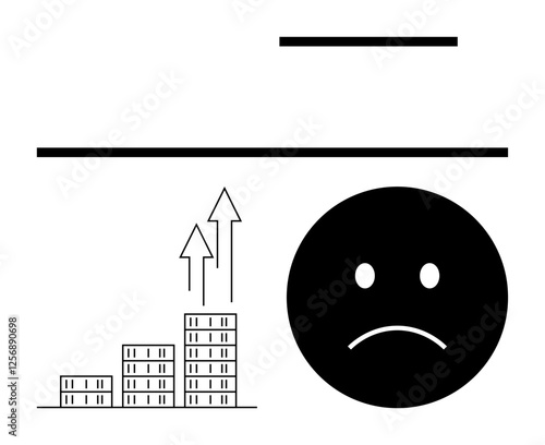 Bar chart with upward arrows beside a sad face portraying dissatisfaction with rising trends. Ideal for economic uncertainty, inflation impact, financial stress, recession fears, rising prices