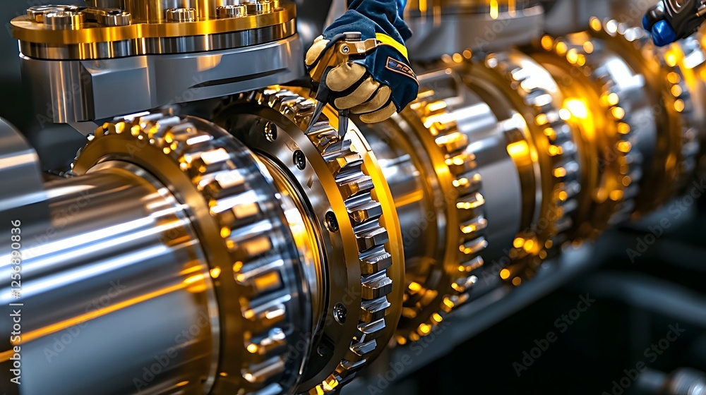 Obraz premium Detailed view of a maintenance worker s hands carefully operating various tools on an intricate turbine mechanism with safety gear like gloves and goggles visible
