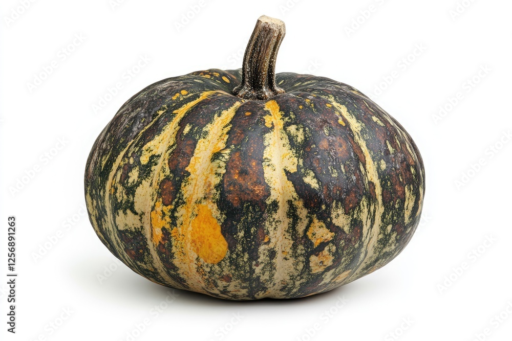 A Vibrant, Unique, Small Decorative Gourd, Showcasing Intricate Patterns of Yellow, Green, and Dark Brown Hues, Isolated Against a Crisp White Background. A Vibrant, Unique, Small Decorative Gourd, Showcasing Intricate Patterns of Yellow, Green, and Dark Brown Hues, Isolated Against a Crisp White Background.