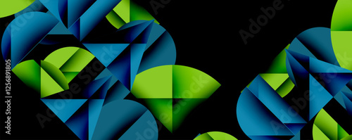 Abstract geometric pattern with intersecting circles and triangles in gradients. The high-contrast composition creates depth and a dynamic, modern aesthetic