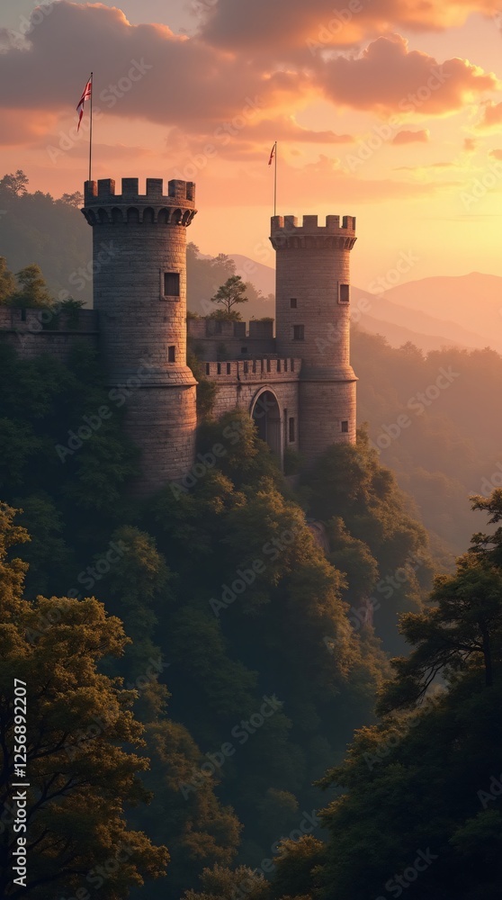 Ancient fortress walls with towers, surrounded by dense forest Ancient fortress walls with towers, surrounded by dense forest
