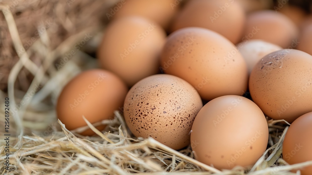 Fresh brown eggs nestled in straw showcasing their natural texture and organic farming practices : Generative AI Fresh brown eggs nestled in straw showcasing their natural texture and organic farming practices : Generative AI