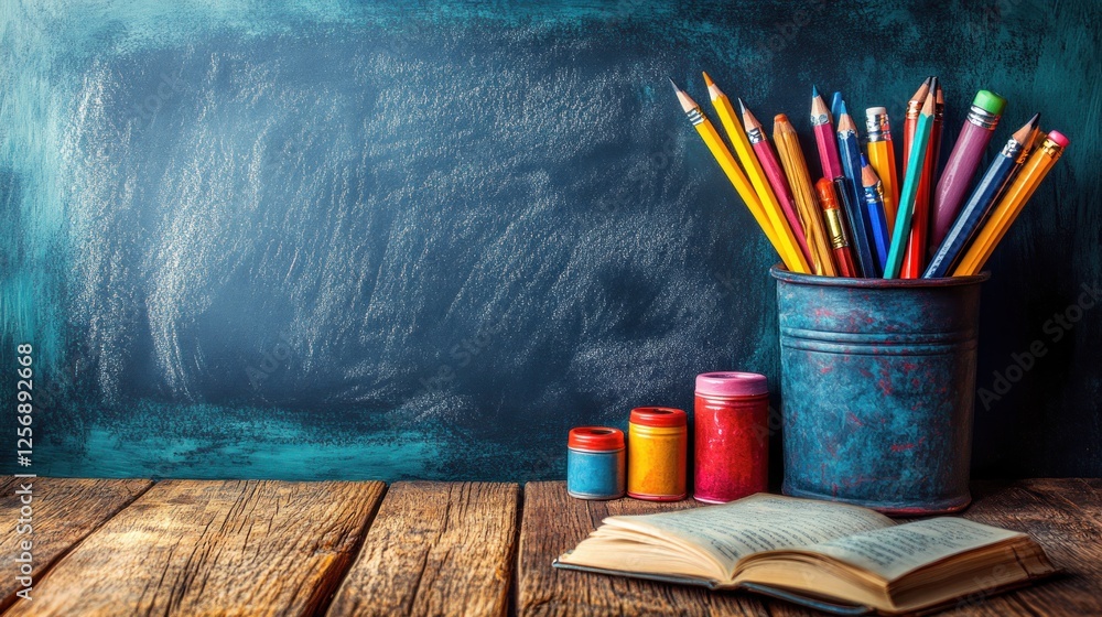 Obraz premium Colorful stationery in a rustic setting with a chalkboard backdrop and an open book on a wooden table