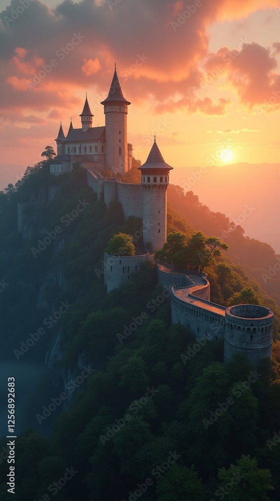 Fototapeta premium Ancient fortress walls with towers, surrounded by dense forest