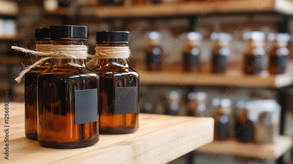 Brown Glass Bottles with Labels and Twine on a Wooden Shelf Displaying Essential Oils or Herbal Extracts : Generative AI Brown Glass Bottles with Labels and Twine on a Wooden Shelf Displaying Essential Oils or Herbal Extracts : Generative AI
