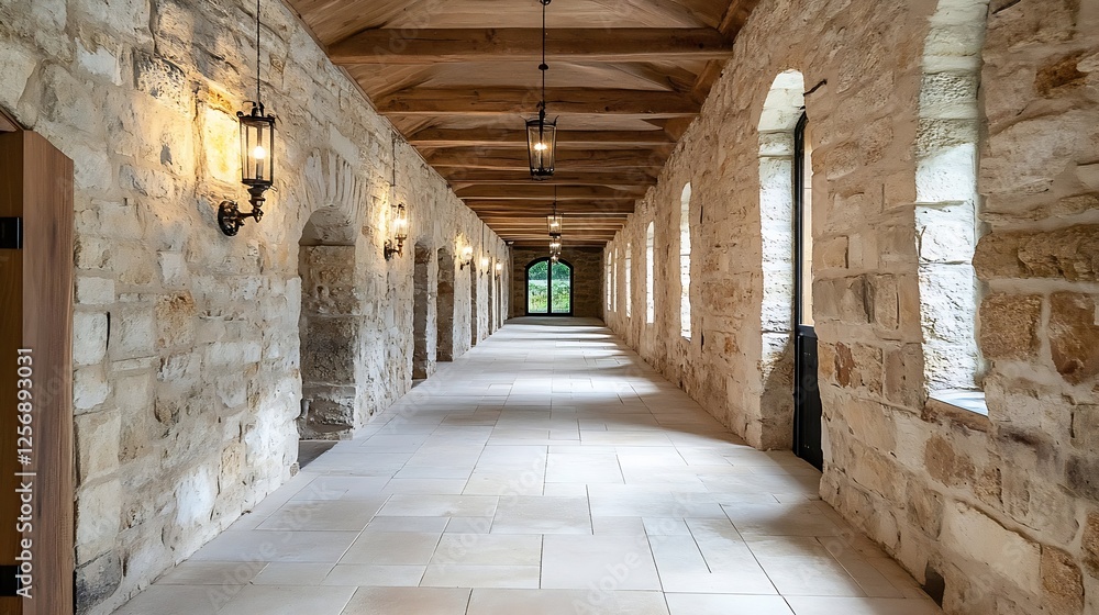 Elegant stone corridor design featuring natural light and classic architectural elements : Generative AI Elegant stone corridor design featuring natural light and classic architectural elements : Generative AI