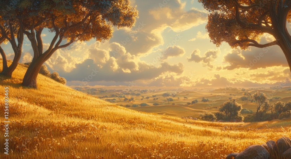 Obraz premium Serene Sunset Over Rolling Hills with Lush Fields and Majestic Trees Under a Golden Sky