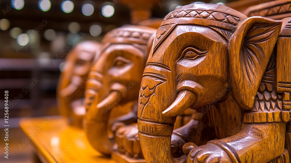 Intricately carved wooden elephants displayed in a vibrant market setting, showcasing craftsmanship Intricately carved wooden elephants displayed in a vibrant market setting, showcasing craftsmanship