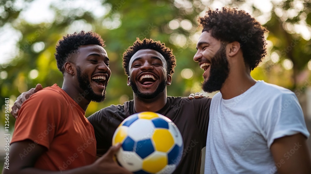 Three friends laughing together while holding a soccer ball Three friends laughing together while holding a soccer ball