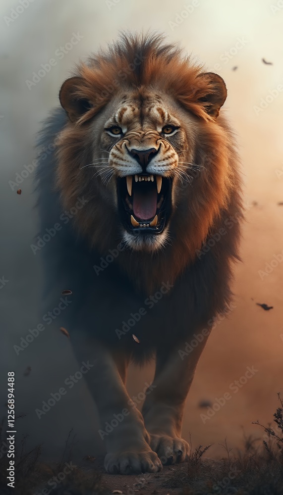 Fototapeta premium Majestic lion with open maw Portrait of angry Lion in the wild animal the close up view of the face of a dangerous lion with a full frame The king of jungle. plastic style pastel color warm-toned and