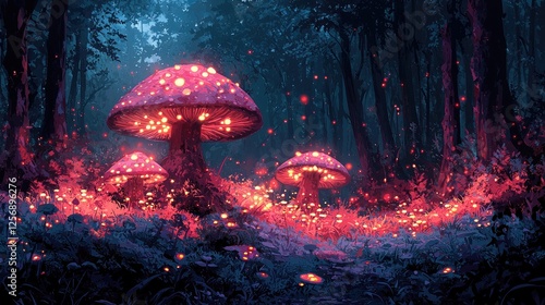 Enchanted forest scene featuring glowing mushrooms amidst vibrant flora and soft lighting