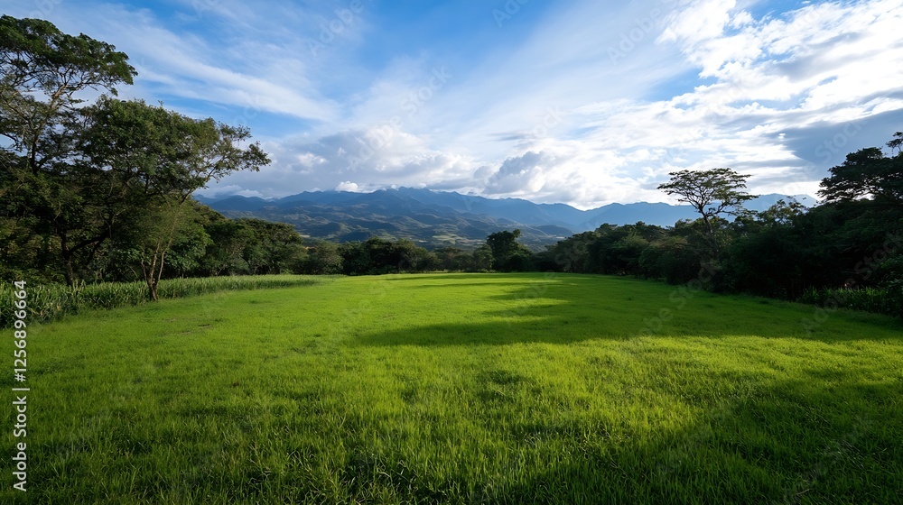 Fototapeta premium Expansive green field surrounded by mountains and lush vegetation under a bright sky : Generative AI
