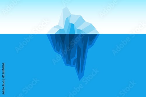 Set of iceberg background, Iceberg floating on sea ocean water, glacier tip and underwater part, large ice rock mountain geometric polygon style for iceberg underwater background template.