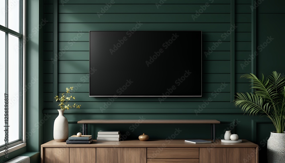 Minimalist room with a television set suspended on a dark wooden cabinet against a vibrant green backdrop featuring windows