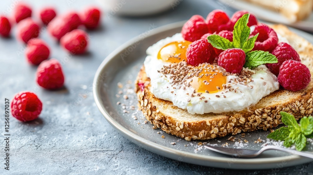 Healthy breakfast Fried eggs, raspberries, and yogurt on toast Healthy breakfast Fried eggs, raspberries, and yogurt on toast