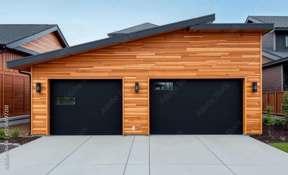 Modern wood garage: sleek modern detached garage with cedar wood siding and two black window-paneled garage doors clean lines and contemporary design make a statement architecture photographyarchitect