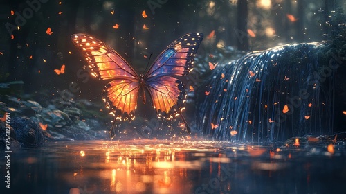 Vibrant butterfly gracefully hovering above a serene waterfall in a mystical forest setting
