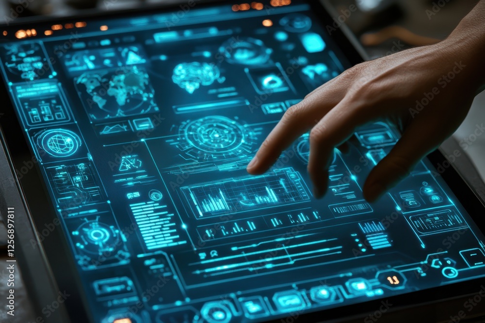A futuristic interface displaying data and analytics with a hand interacting. A futuristic interface displaying data and analytics with a hand interacting.