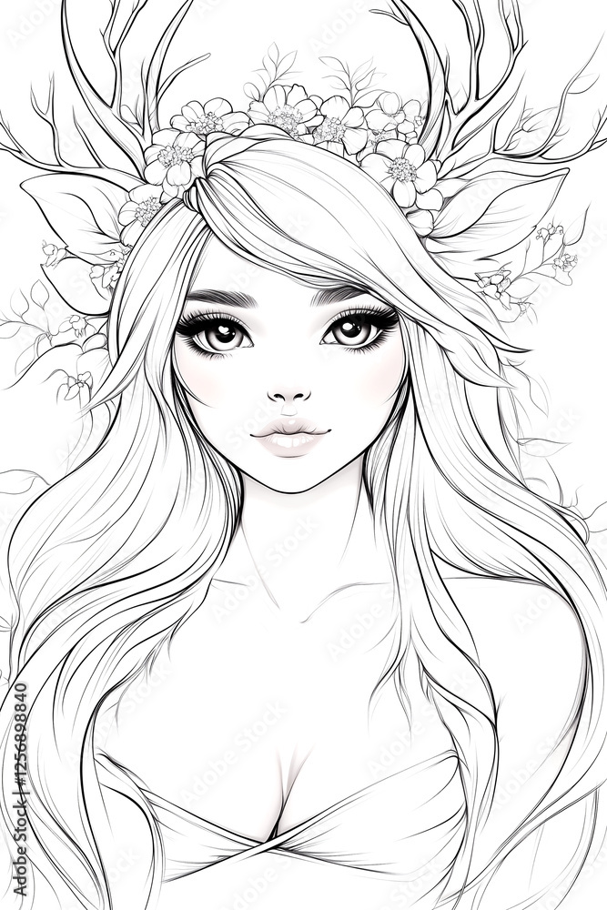 Antistress image of a beautiful girl with flowers. for adult and children's coloring books