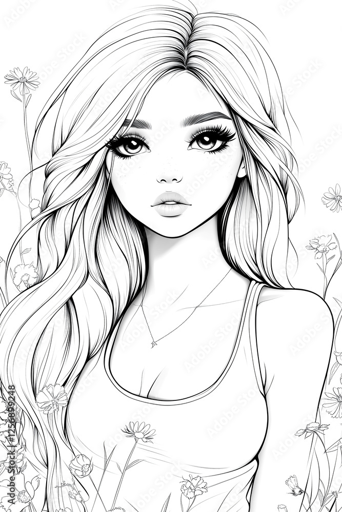 Antistress image of a beautiful girl with flowers. for adult and children's coloring books Antistress image of a beautiful girl with flowers. for adult and children's coloring books