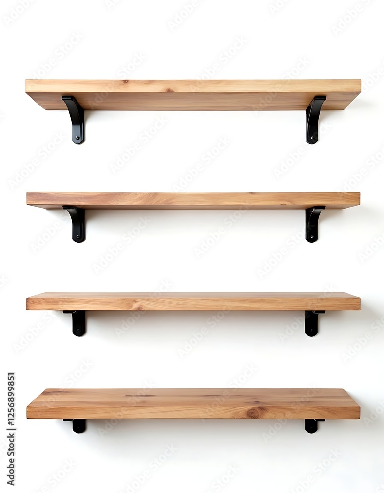 Fototapeta premium Floating wooden shelves rise gracefully with black brackets mounted on white background