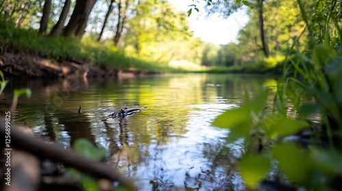Tranquil and reflective image of a serene stream surrounded by lush greenery : Generative AI