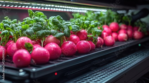Freshly harvested radishes growing in a modern indoor farm with vibrant green leaves under LED lights