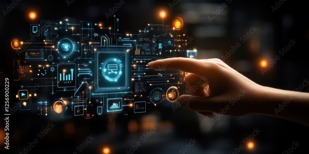 A hand interacting with a futuristic digital interface displaying various data elements. A hand interacting with a futuristic digital interface displaying various data elements.