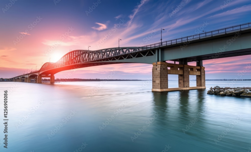 Sagamore bridge over cape cod canal with the glowing sun at pink sunset architecture photographyarchitecture city building urban design exterior background tourism